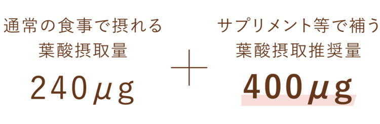 通常の食事で摂れる葉酸摂取量 240μg + サプリメント等で補う葉酸摂取推奨量 400μg